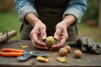 Mains préparant une bouture de noyer sur un établi en bois avec des feuilles et un sécateur