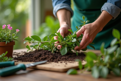 Jardinier préparant un rameau d'oleander pour propagation