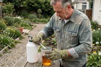 Homme préparant la solution de désherbant Radikal en mesurant le produit concentré dans un verre doseur près d'un pulvérisateur de jardin