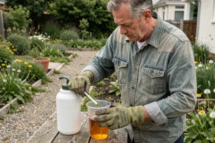 Homme préparant la solution de désherbant Radikal en mesurant le produit concentré dans un verre doseur près d'un pulvérisateur de jardin