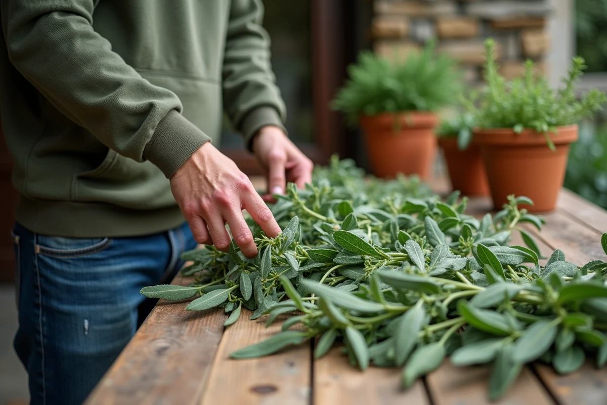 Jeune homme préparant des branches de sauge sur une table