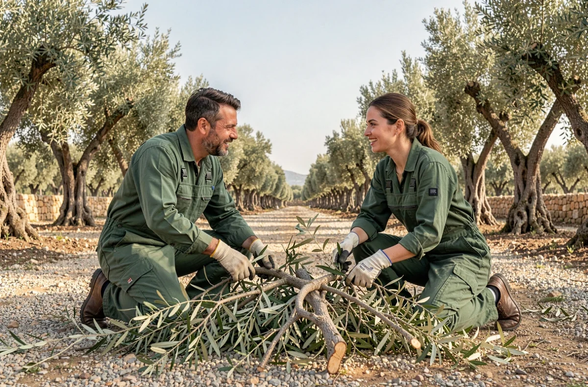 Deux professionnels de l'élagage triant des branches d'oliviers dans une oliveraie en Vaucluse