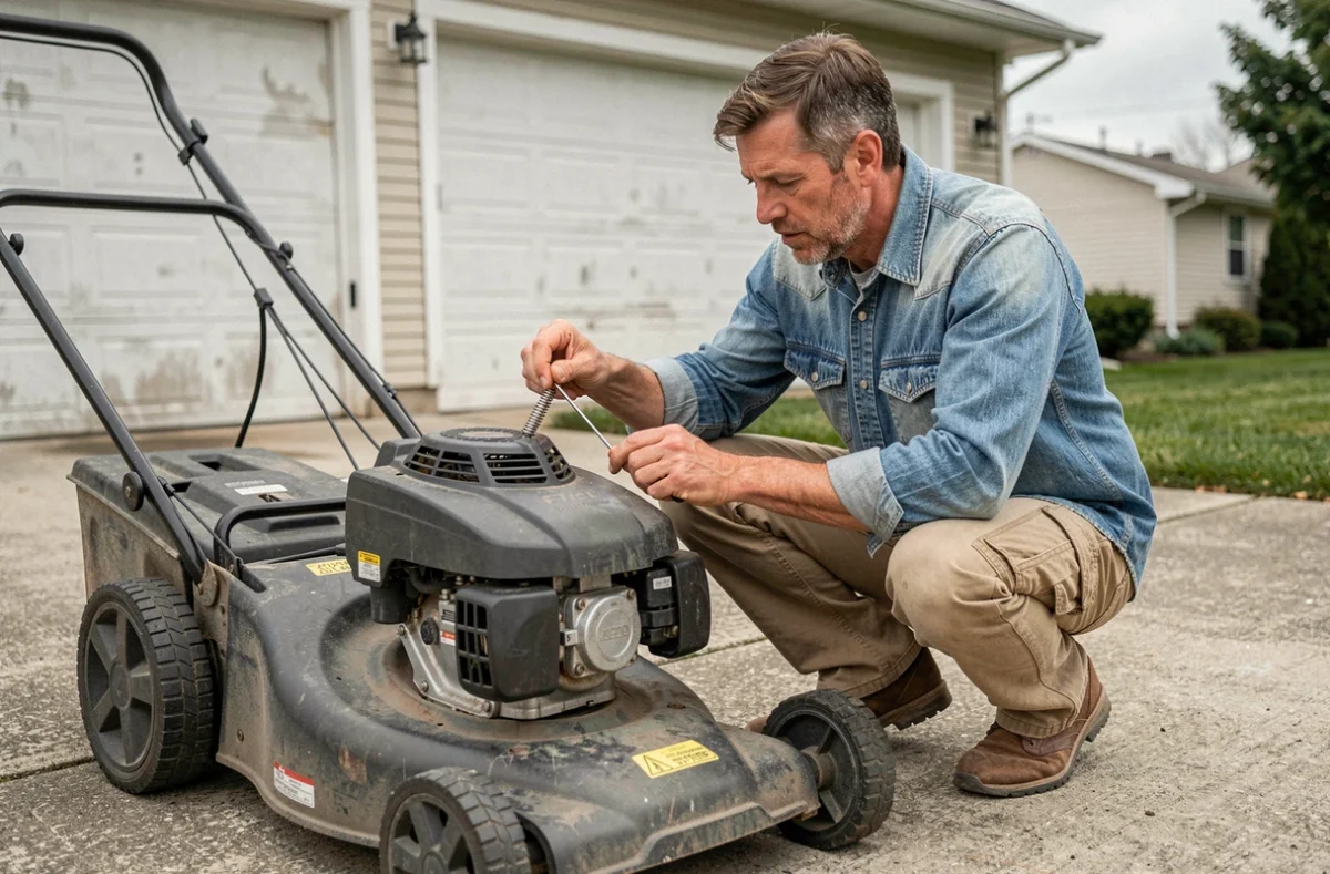 Propriétaire montant le ressort régulateur sur le moteur d'une tondeuse Briggs et Stratton dans une allée de maison