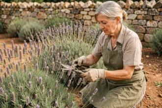 Femme qui taille des plants de lavande en fin d'été dans un jardin provençal avec un sécateur vintage