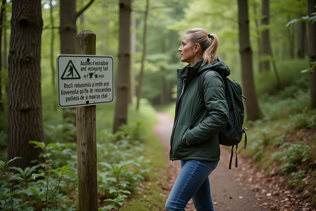 Femme en randonnée lisant un panneau forestier en forêt française