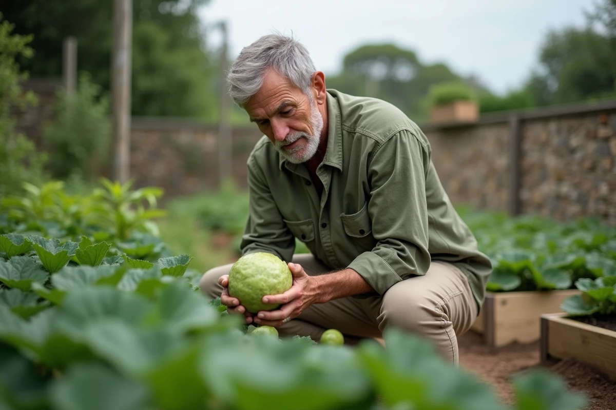 Jardinier examinant une christophine fraîchement récoltée dans un potager en plein air, avec des plates-bandes surélevées et un mur en pierre en arrière-plan