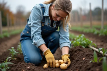 Femme récoltant des pommes de terre dorées dans un potager en automne, sol sombre et feuillage séché en arrière-plan