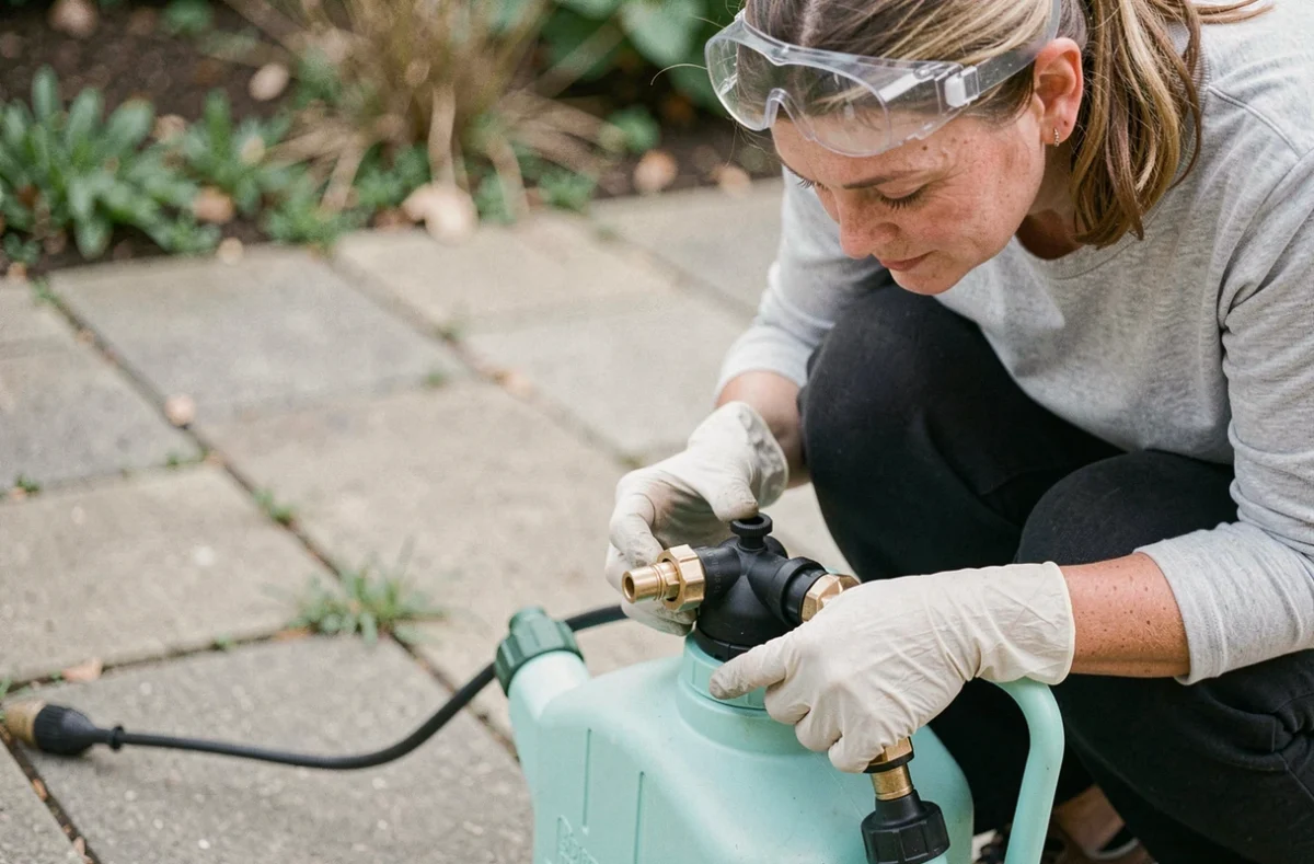 Femme réglant la buse et la pression d'un pulvérisateur de jardin avant d'appliquer le désherbant Radikal sur les mauvaises herbes