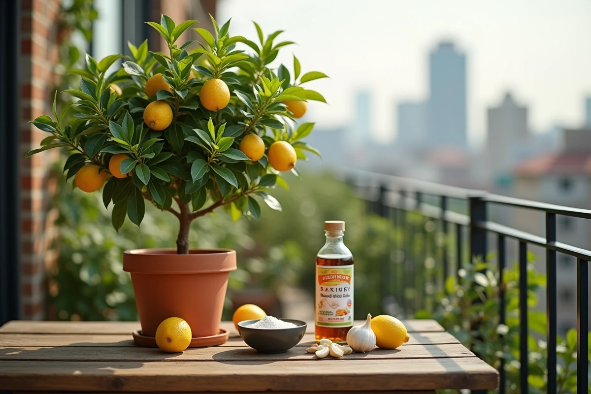 Balcon urbain avec un citronnier atteint de tâches marron et des remèdes naturels disposés sur une table en bois pour le traitement