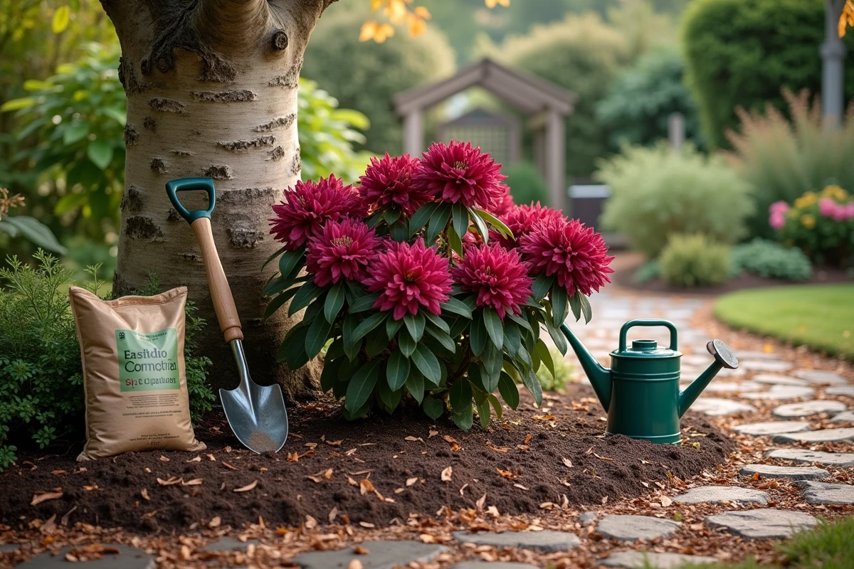 Rhododendron planté au pied d'un bouleau à l'ombre avec du paillis de pin et du compost acide dans un jardin