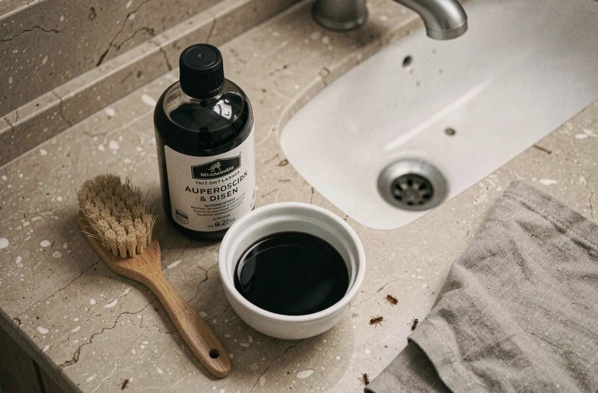 Bouteille de savon noir et bol de solution diluée posés sur un plan vasque en pierre avec quelques fourmis près du siphon