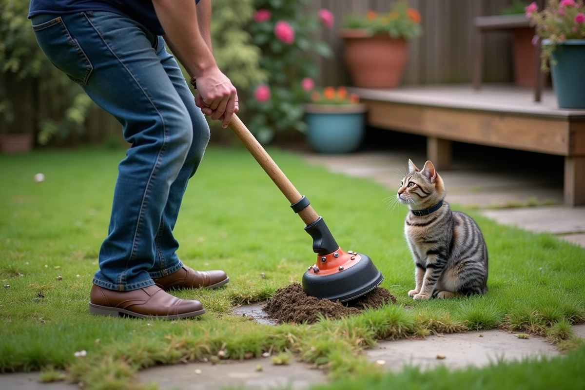 Homme utilisant un scarificateur manuel sur une pelouse envahie par la mousse avec un chat observant