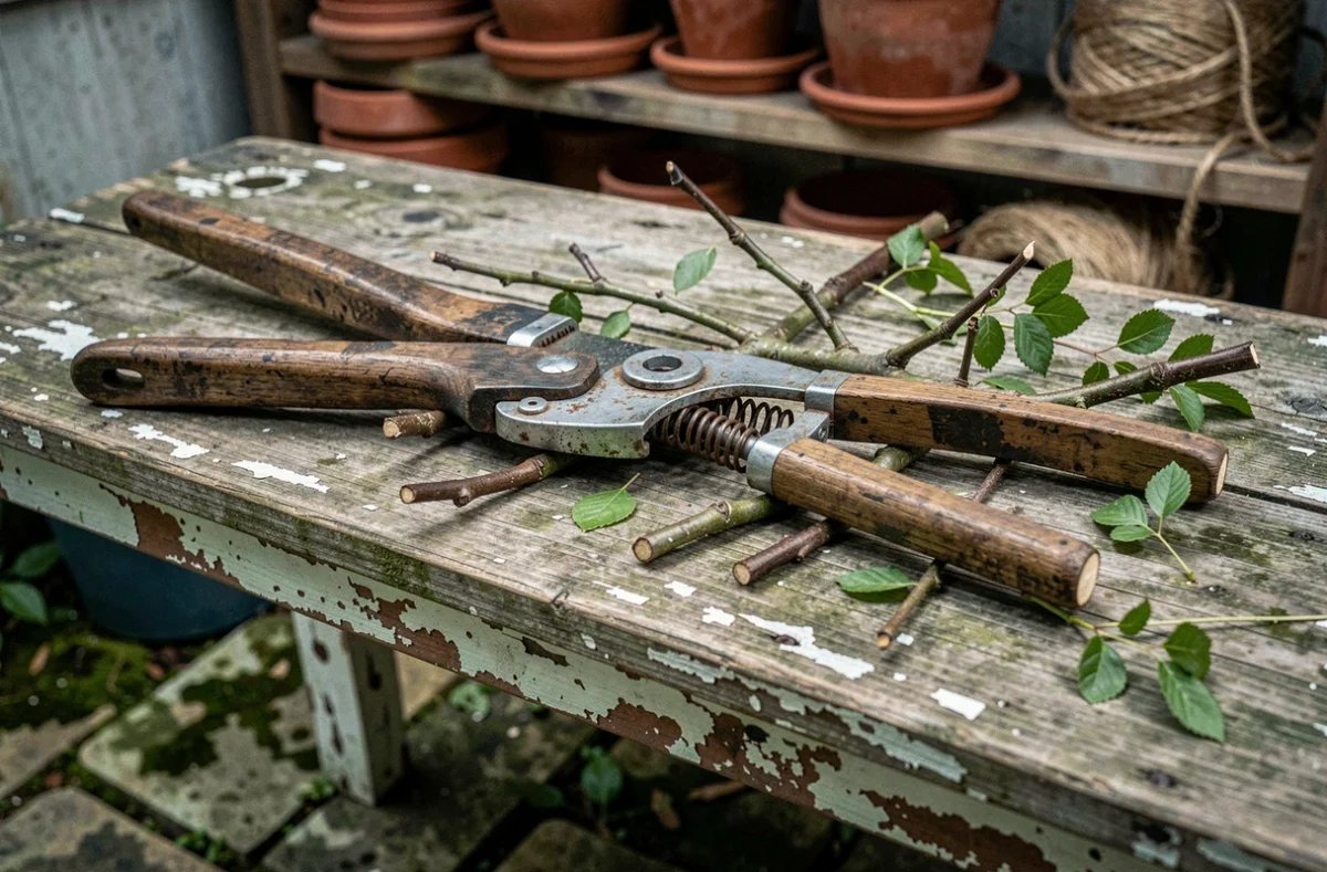 Sécateur professionnel posé sur un établi de jardin en bois avec des branches fraîchement taillées dans un cabanon rustique