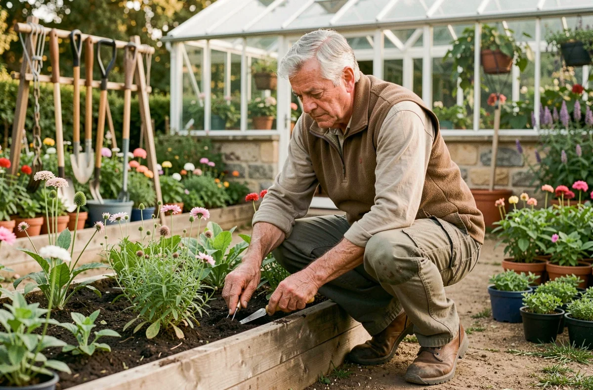 Jardinier retraité expérimenté de Seniors à Votre Service plantant des vivaces dans un jardin particulier