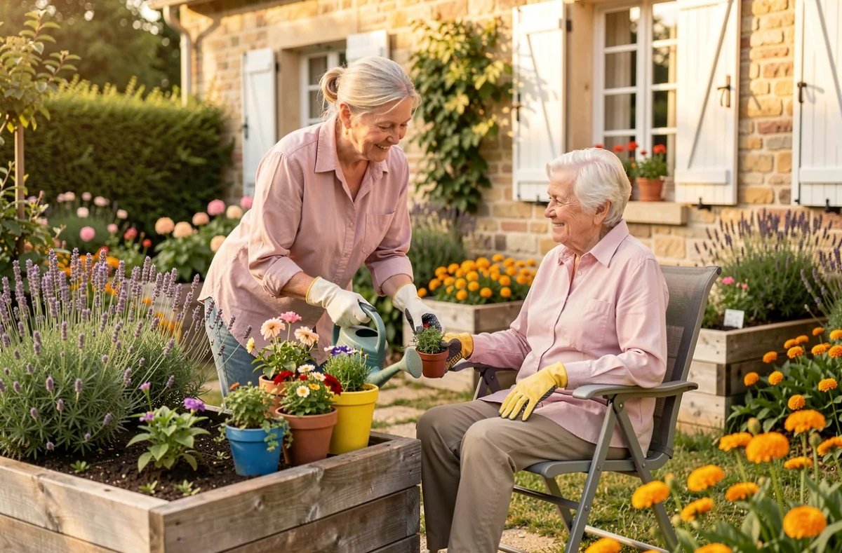 Jardinière de Seniors à votre service aidant une dame âgée à entretenir ses pots de fleurs dans un jardinet coquet avec des lavandes et des soucis