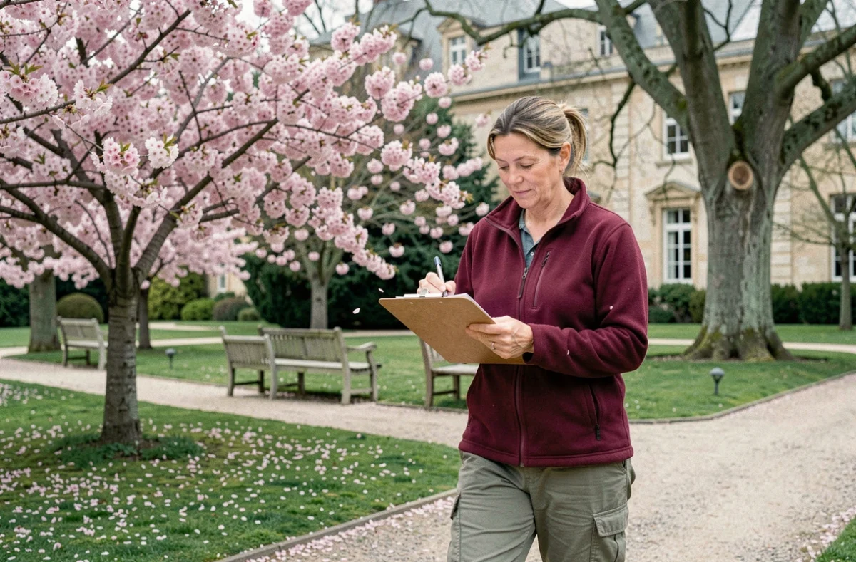Responsable paysagiste de Servent SARL Marie Parcs et Jardins inspectant un parc ornemental avec cerisiers en fleurs dans les Yvelines