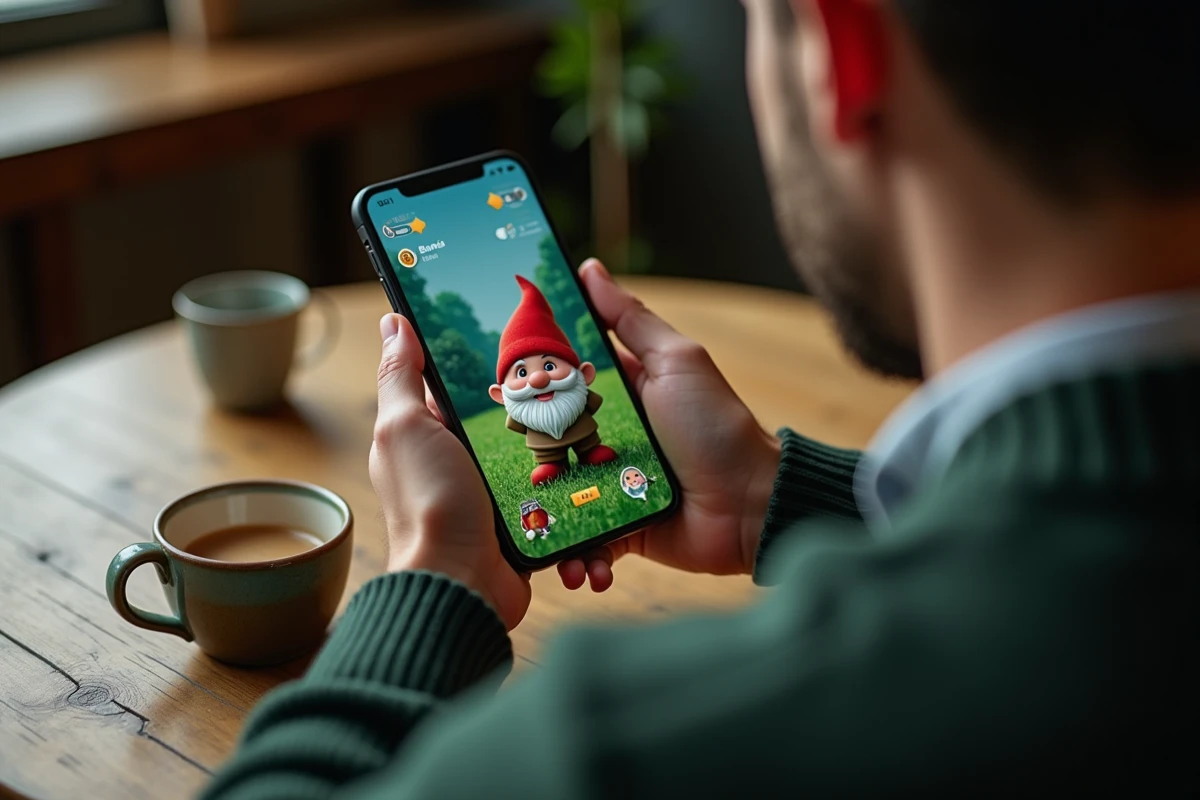 Mains tenant un smartphone affichant un jeu de nain de jardin avec compteurs de combos et bonus à l'écran