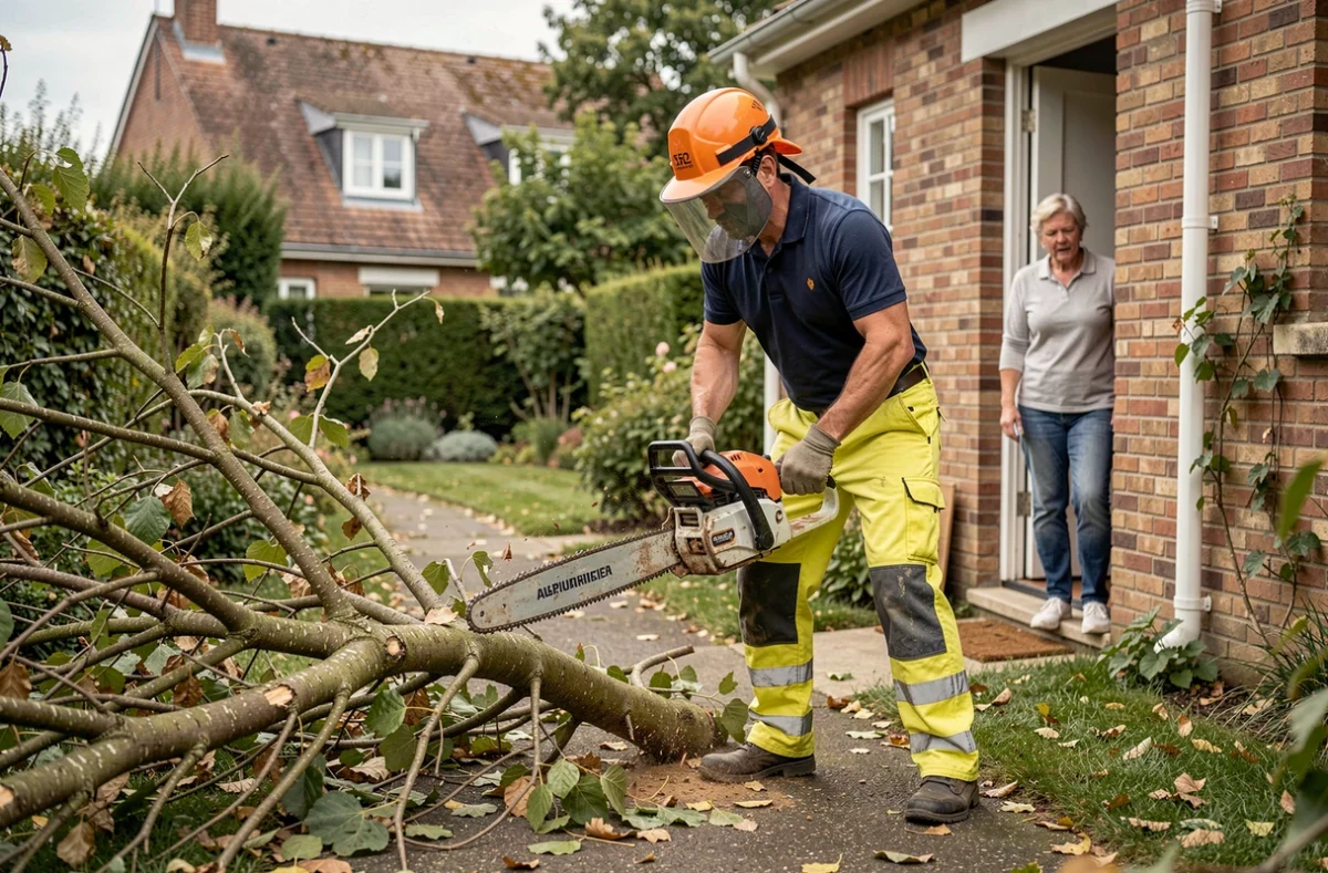 Technicien de SOS Dépannage en équipement de sécurité dégageant une branche d'arbre tombée d'un jardin résidentiel après un épisode climatique