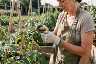 Jardinière retirant un gourmand de tomate entre deux tiges dans un potager en plein air