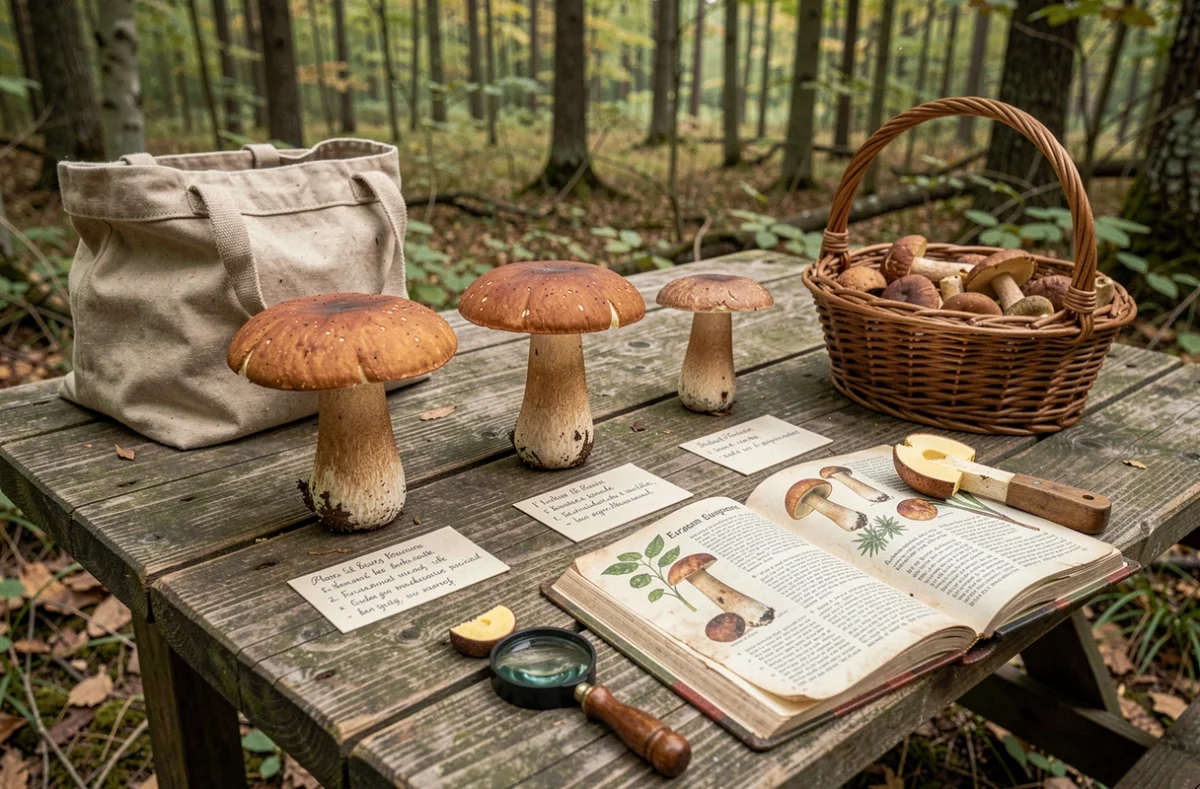 Table d'identification mycologique en plein air avec plusieurs bolets dont un bolet à chair jaune sectionné, guide terrain et loupe