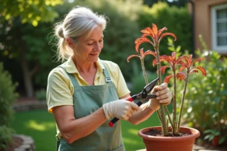 Femme qui taille un arbre à crevette en pot sur une terrasse de jardin avec un sécateur