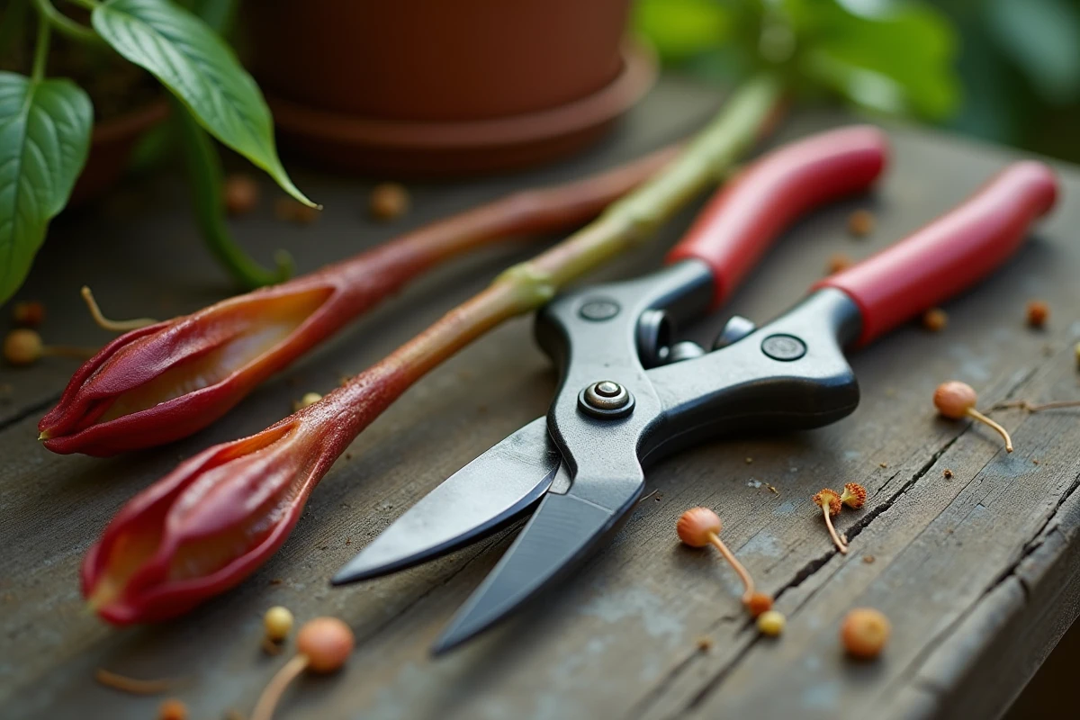Sécateur et tiges taillées d'un arbre à crevette sur une table de rempotage en bois