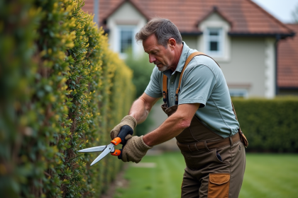 Homme taillant des branches denses dans un jardin suburbain