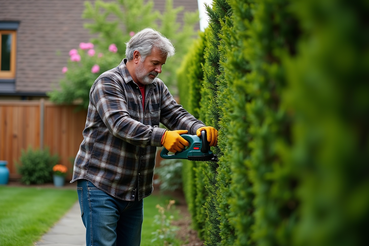 Homme d'âge moyen taillant une haie avec un taille-haie électrique