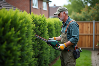 Homme d'âge moyen utilisant une taille-haie électrique dans le jardin