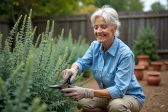 Femme taillant un buisson de sauge dans le jardin