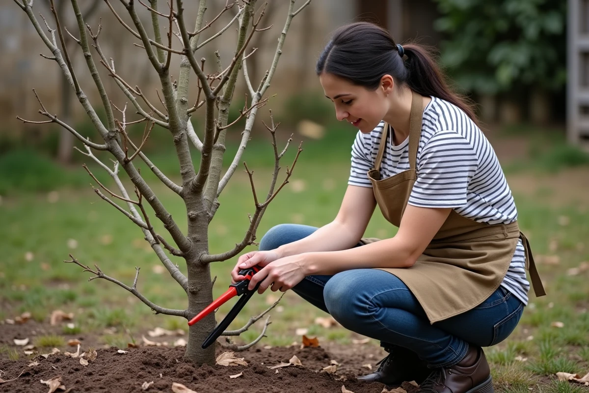 Femme taillant un mûrier en cépée dans un jardin rural au printemps, coupe de rajeunissement sur souche