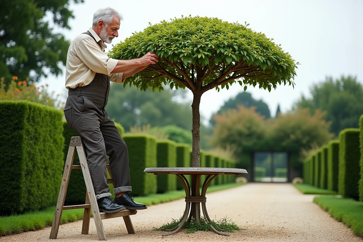 Jardinier âgé taillant un mûrier en parasol sur un escabeau dans un jardin formel français, forme architecturale en ombrelle