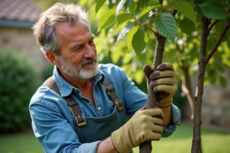 Jardiner taillant un mûrier en tige dans un jardin français avec des sécateurs, technique de taille en arbre haute tige