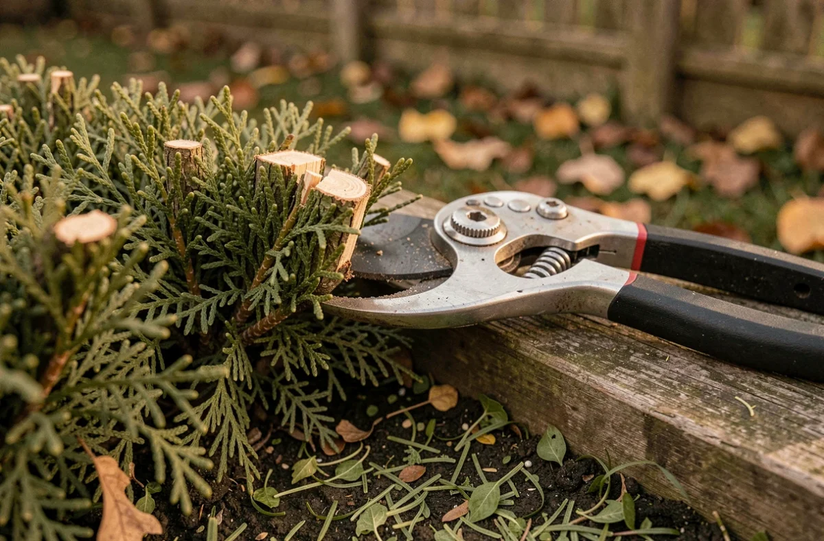 Gros plan sur des branches de thuyas fraîchement taillées avec un sécateur professionnel posé sur la haie