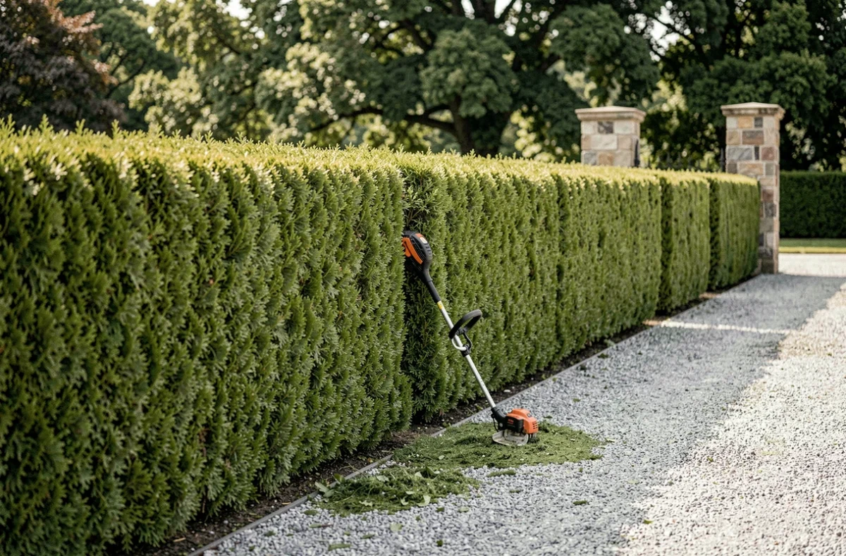 Haie de thuyas parfaitement taillée en bordure d'une allée privée avec un taille-haie thermique appuyé contre le végétal