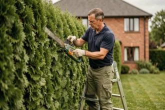 Jardinier professionnel taillant une haie de thuyas avec un taille-haie électrique sur une échelle dans un jardin résidentiel
