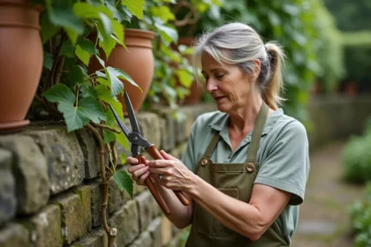 Femme taillant une vigne décorative en espalier sur un mur en pierre dans un jardin de campagne français