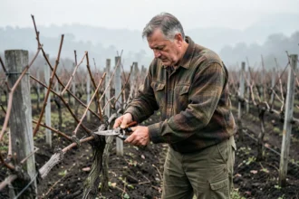 Viticulteur taillant une vigne dormante en hiver avec des sécateurs dans un vignoble français brumeux