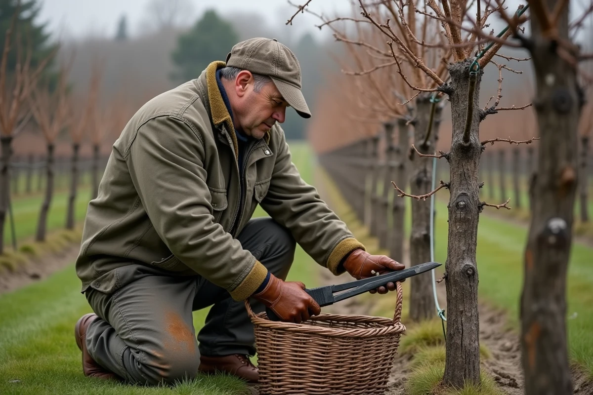 Viticulteur en train de tailler des vignes productives en cordon dans un petit vignoble artisanal au printemps
