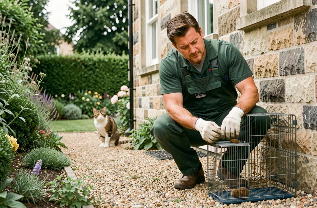 Technicien en désinsectisation inspectant un piège à fouine posé contre un mur de maison en pierre tout en préservant la sécurité d'un chat domestique