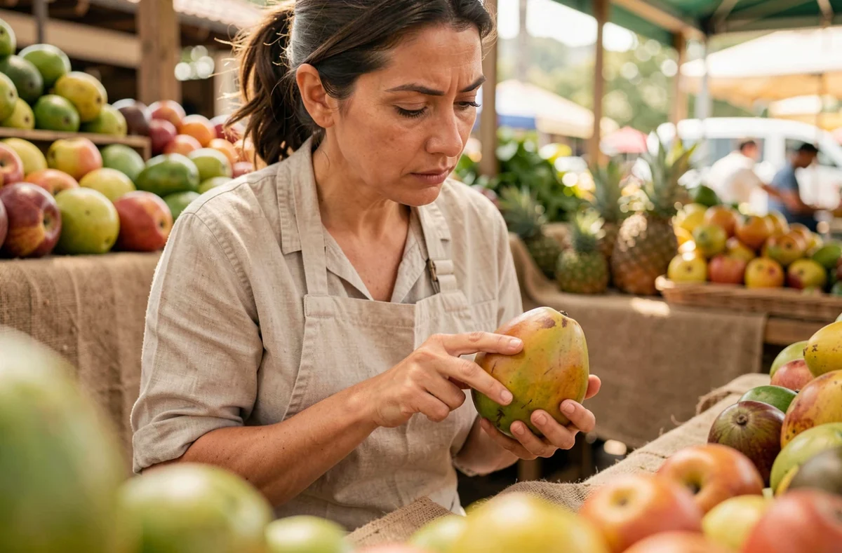 Femme testant la maturité d'un ceriman en pressant doucement le fruit au marché, évaluant sa texture et sa fermeté