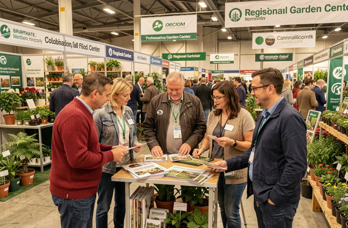 Professionnels du réseau Top Jardin normand réunis autour de catalogues lors d'un salon régional de la jardinerie en Normandie