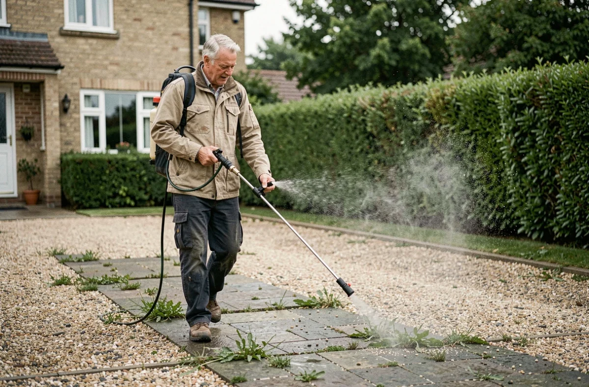 Homme appliquant le désherbant Radikal avec un pulvérisateur à dos sur une allée gravillonnée en évitant tout gaspillage de produit