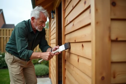 Homme appliquant un traitement lasure sur un abri de jardin en bois avec un pinceau large, vue 3/4