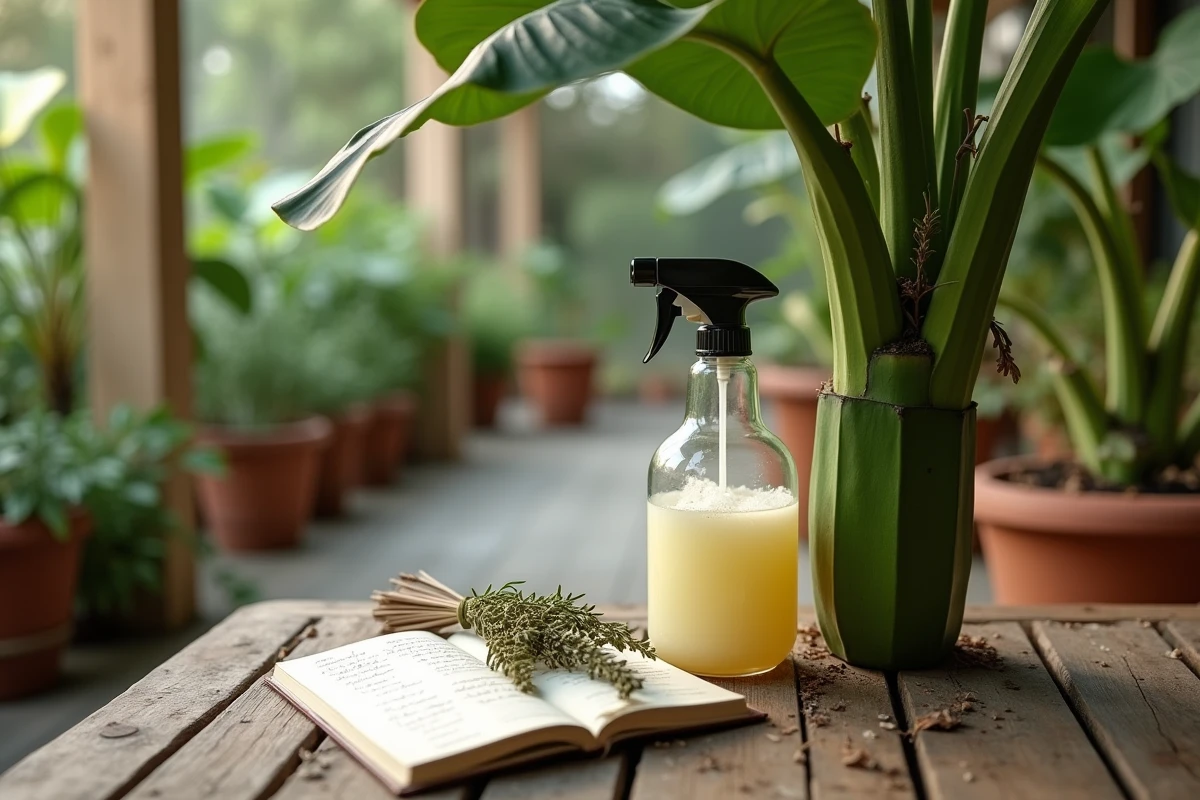 Vaporisateur de traitement biologique naturel posé contre un bananier avec carnet de notes de jardinage sur table en bois