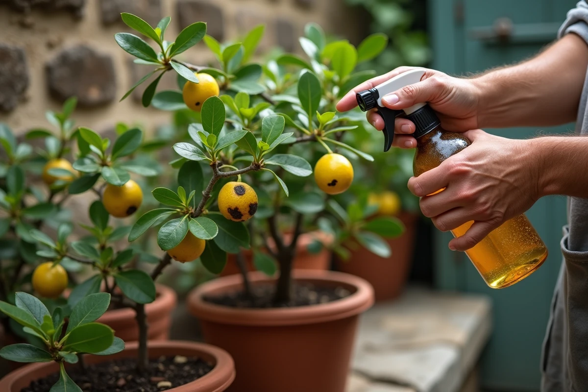 Jardinier appliquant un traitement naturel au pulvérisateur sur un citronnier malade avec des tâches marron sur les feuilles