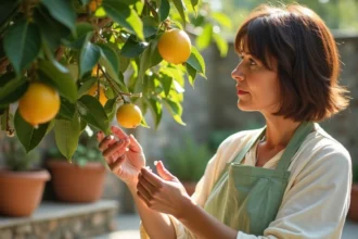 Femme examinant des cochenilles sur un citronnier dans un jardin méditerranéen