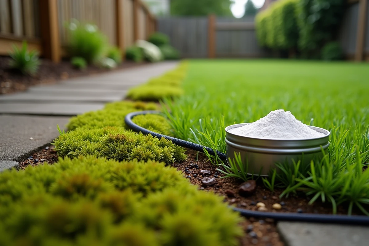 Gros plan sur de la mousse dans une pelouse avec un produit naturel pet-friendly pour traitement sans danger pour animaux