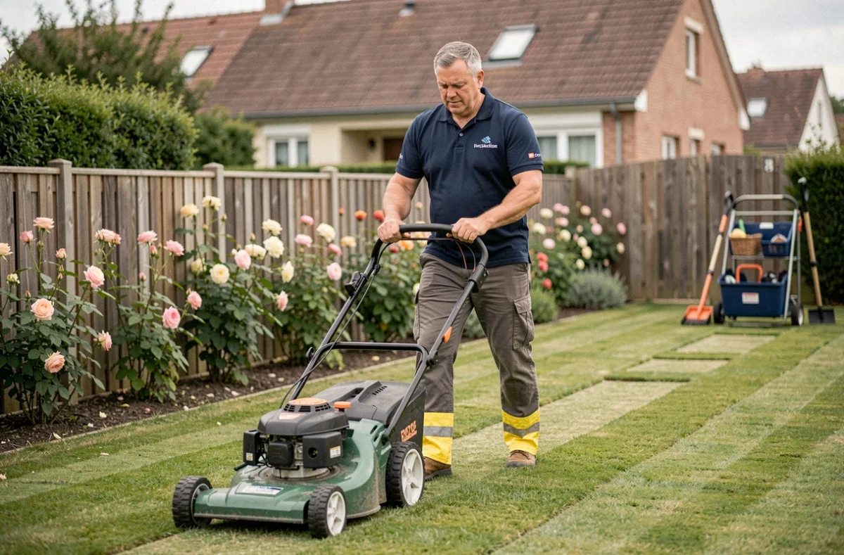 Jardinier de VIVASERVICES tondant une pelouse dans un jardin résidentiel à Saint-Quentin-en-Yvelines