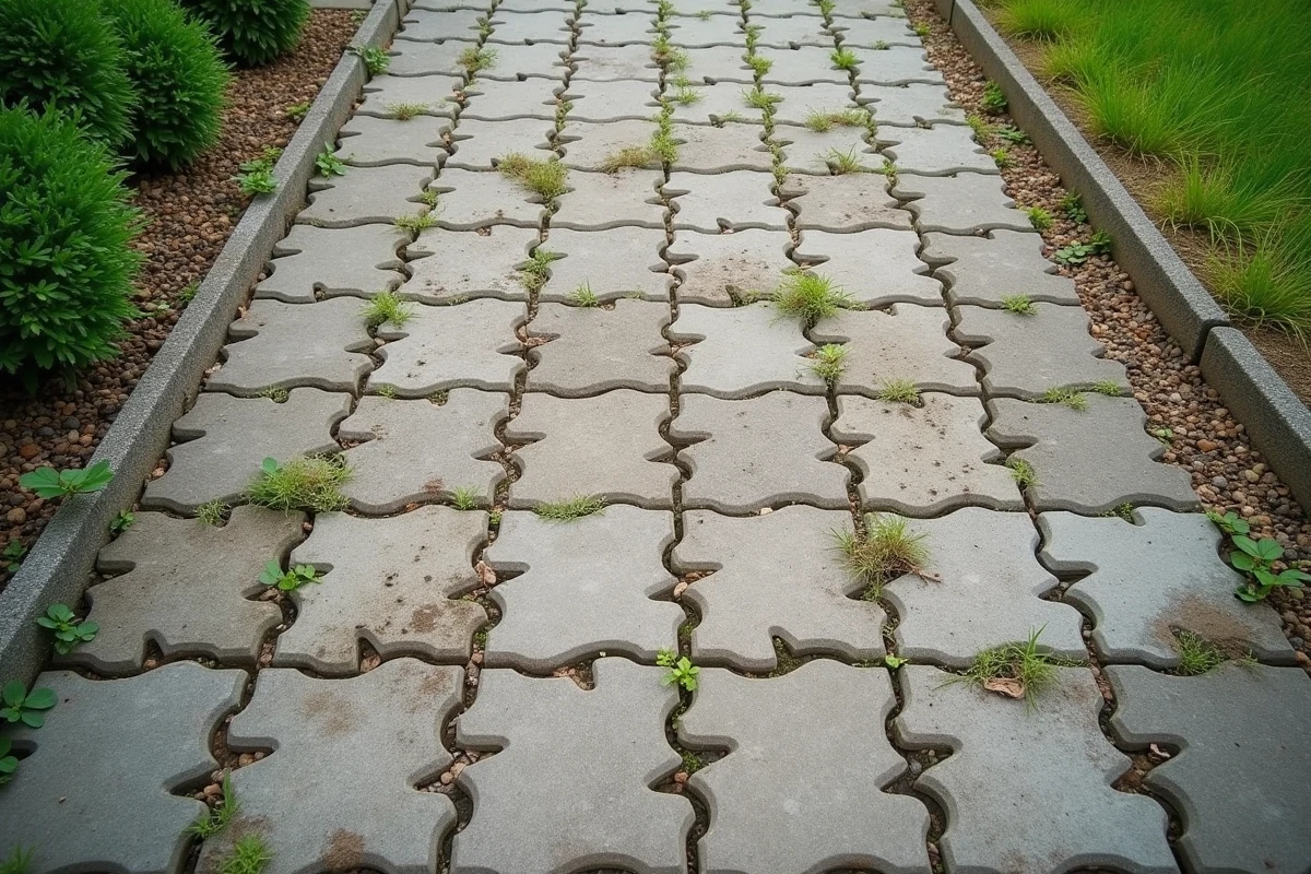 Vue aérienne de pavés autobloquants avec joints partiellement désherbés montrant la repousse des herbes